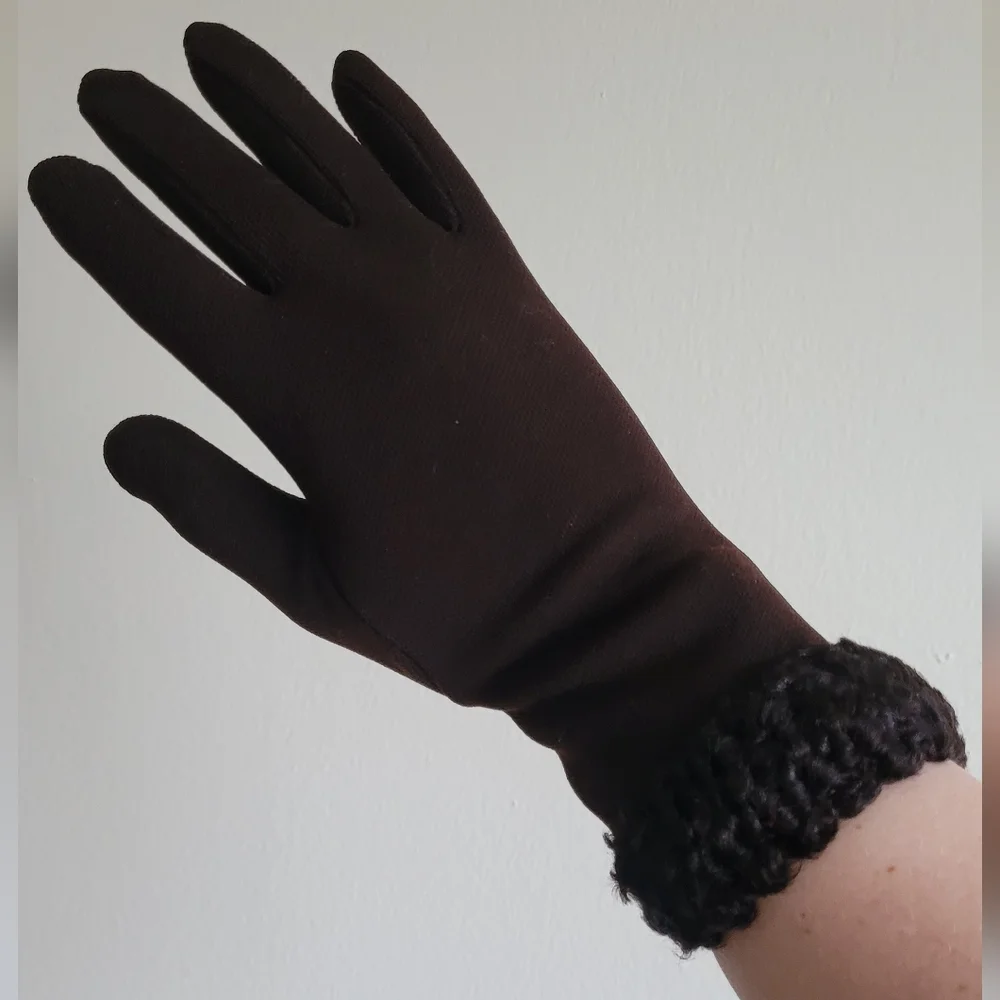 Vintage Handmade Stretch Gloves with Trim, Chocolate Brown